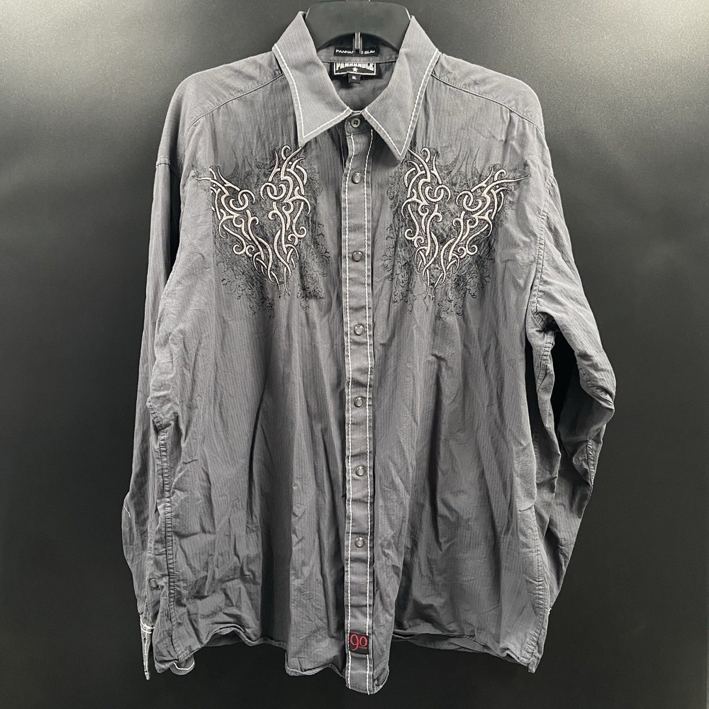 Panhandle Slim Western Shirt Men XL Embroidered Gray Pearl Snap Long‎ Sleeve